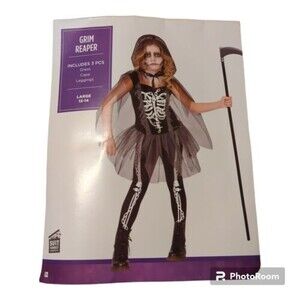 Grim Reaper Girl Large Kids Halloween Costume Skeleton Dress Cape Leggings